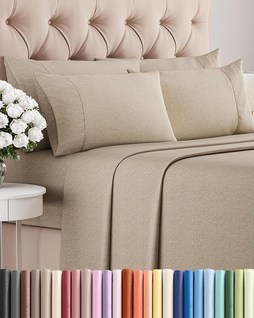 Cal King 6 Piece Sheet Set - Comfy Breathable & Cooling - Soft Hotel Luxury Bedding Set w/ 8-16 Inch Deep Pockets - 1 Flat & 1 Fitted Sheet & 4 Pillowcases - Wrinkle Free & Easy Care - Heathered Beige
