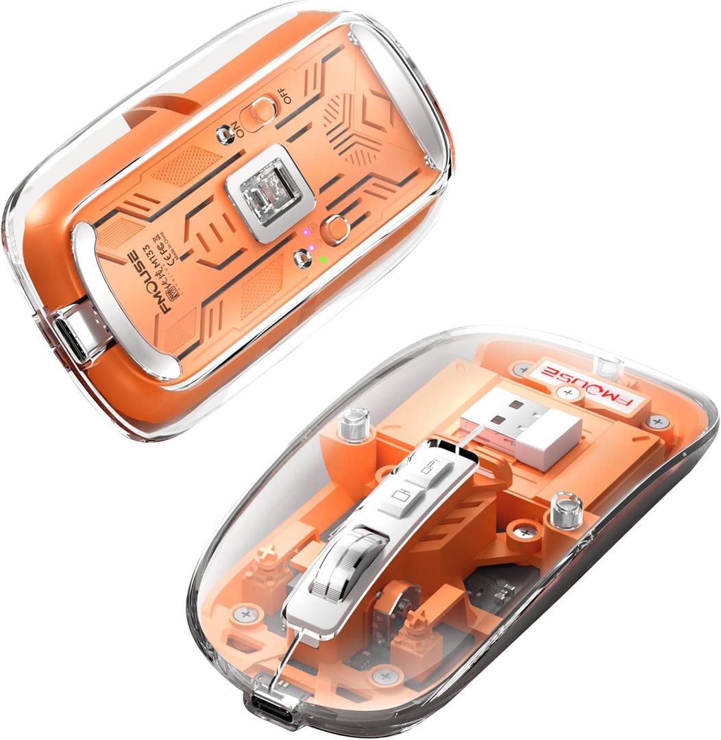 Transparent Wireless Mouse BT5.1/2.4G Bluetooth Mouse Rechargeable Mute Laptop Mice for Mac,iPad,MacBook,Laptop,PC(Orange)