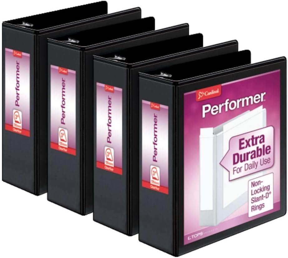 Cardinal Performer 3-Ring Binders, 3", Non-Locking Slant-D Rings, 725-Sheet Capacity, ClearVue Presentation, Non-Stick, PVC-Free, Black, 4-Pack (27601)
