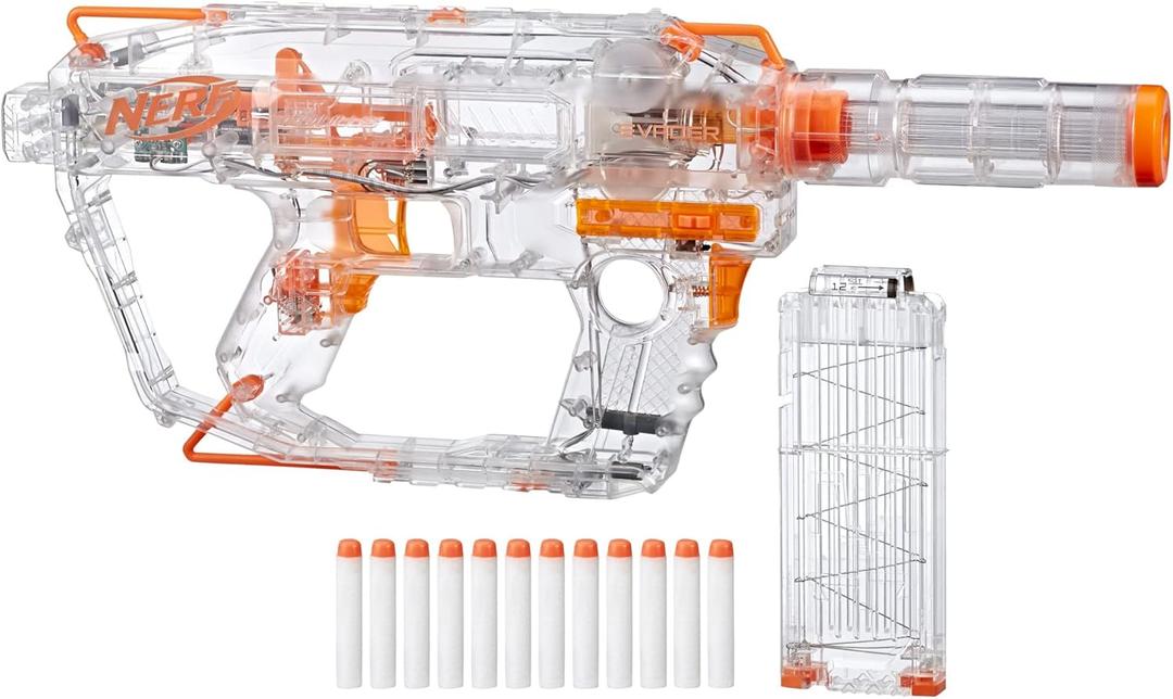 Nerf Modulus Ghost Ops Evader Motorized Blaster - Light-Up See-Through Blaster and Barrel Extension, Includes 12 Official Elite Darts