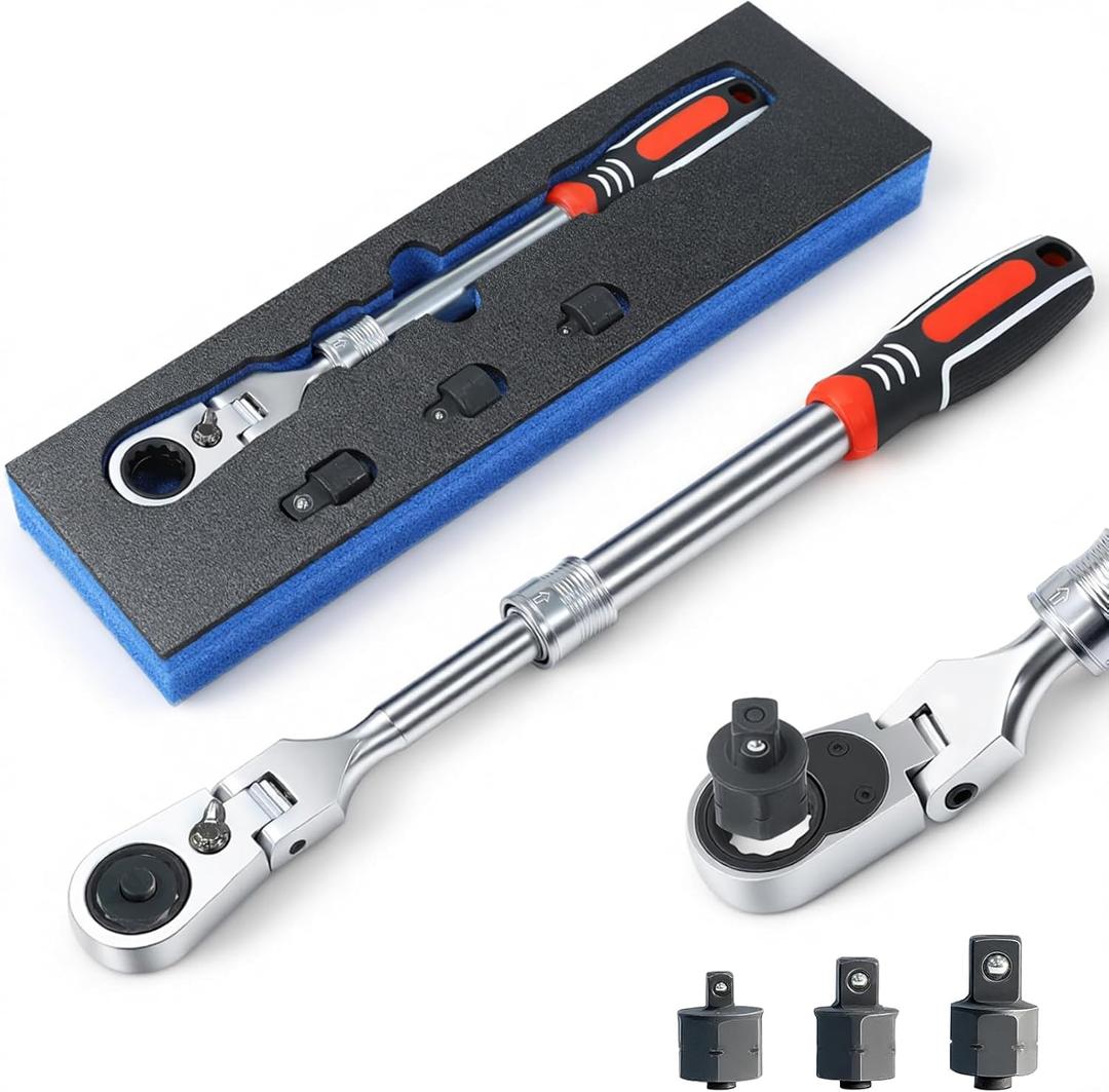 Extendable Ratchet Wrench Set, 72-Tooth Long Socket Wrench Ratchet with 1/4" 3/8" 1/2" Socket Drive Adapat, 180 Flex-Head Ratcheting Set with Soft Grip Handle for Men Mechanic Hand Tools