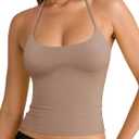 REORIA Women's Sexy Halter Backless Double Lined Tank Top Y2k Trendy Camisole Crop Tops (Beige, M)