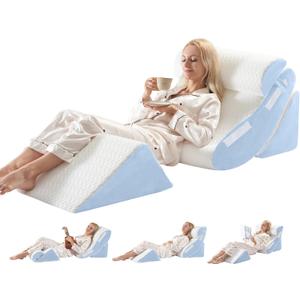 4PCS Wedge Pillow Set for Sleeping  Orthopedic Bed Pillow for Post Surgery, Adjustable Memory Foam Support for Sitting Up in Bed, Back Pain, GERD, Snoring Relief, White Blue
