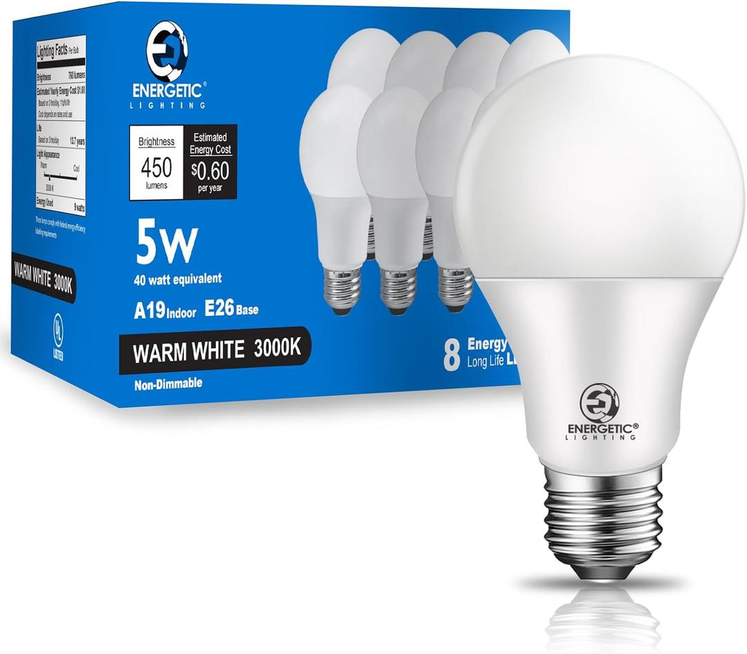 E ENERGETIC LIGHTING 40W Equivalent A19 LED Light Bulb, Warm White 3000K, E26 Standard Base, ETL Listed, 5W 450lm Non-Dimmable LED Light Bulb, 8 Packs