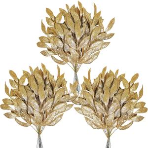 40 Pieces Gold Glittered Artificial Leaf Spray Picks 12" Tall for Christmas Winter Wedding Wreath Tree Swag Floral Arrangeme Vase Bouquets Table Centerpieces Decoration