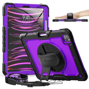 Timecity iPad Pro 12.9 Case 6th/5th/4th/3rd Gen, 360 Rotating Stand, Pencil Holder & Wireless Charging, Shockproof with Screen Protector & Shoulder Strap - for Designers & Professionals - Purple