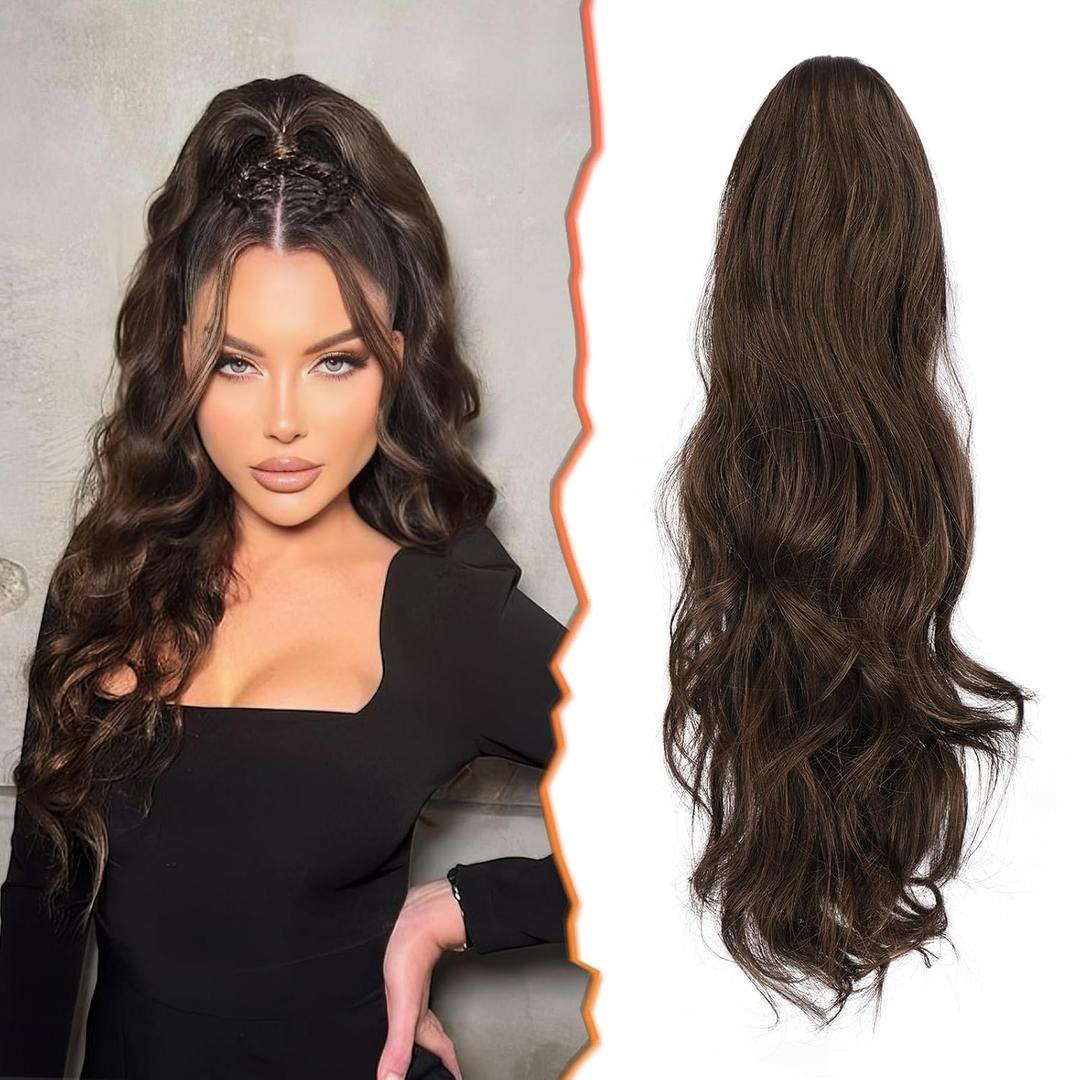 BARSDAR Claw Clip Brown Ponytail Extension - Wavy Brown Ponytail Extensions for Women - 20 Inch Long Wavy Ponytails Synthetic Claw Clip in Pony Tails Hairpieces Daily