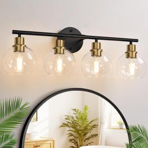 Indoi 4-Light Bathroom Light Fixtures, Black and Gold Bathroom Lights Over Mirror with Clear Glass Globe Shade, Vanity Lights for Bathroom, Kitchen, Living Room, Hallway Cabinet, Bedroom Porch