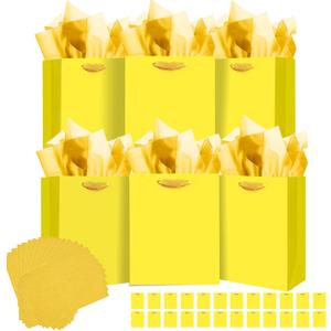 qiqee 24pcs Bright Yellow Gift Bags with Tissue Paper for Wedding, Birthday, Party Supplies-7.9"x4.3"x9.6" Medium Size Cardboard Gift Bags24pcs Bags +48pcs Tissue Paper