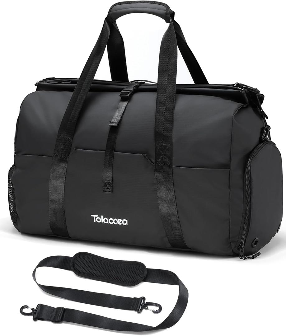Tolaccea Gym Duffel Bag, Travel Bags Foldable Sports Duffle with Shoe Compartment & Wet Pocket, Lightweight & Water-Resistant, Perfect for Workout, Weekender Overnight & Carry-On Expandable (Black)