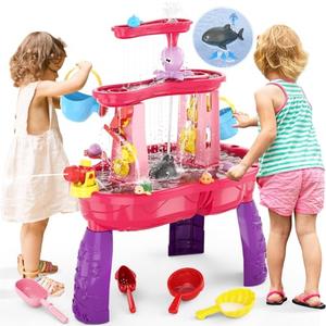 HYES Water Table for Toddlers 3-5 with Water Pumb, 3-Tier Kids Sand Water Table, Rain Showers Splash Pond for Outdoor Beach Backyard Summer, Activity Sensory Play Table for Girls, Pink
