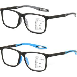 Missfive 2 Pack Upgraded Bend-Proof Multifocus Progressive Reading Glasses Men, TR90 Sporty Frame & Metal Spring Hinge, No-Line Multifocal Anti Blue/UV Near-Mid Workspace Readers 2.5x