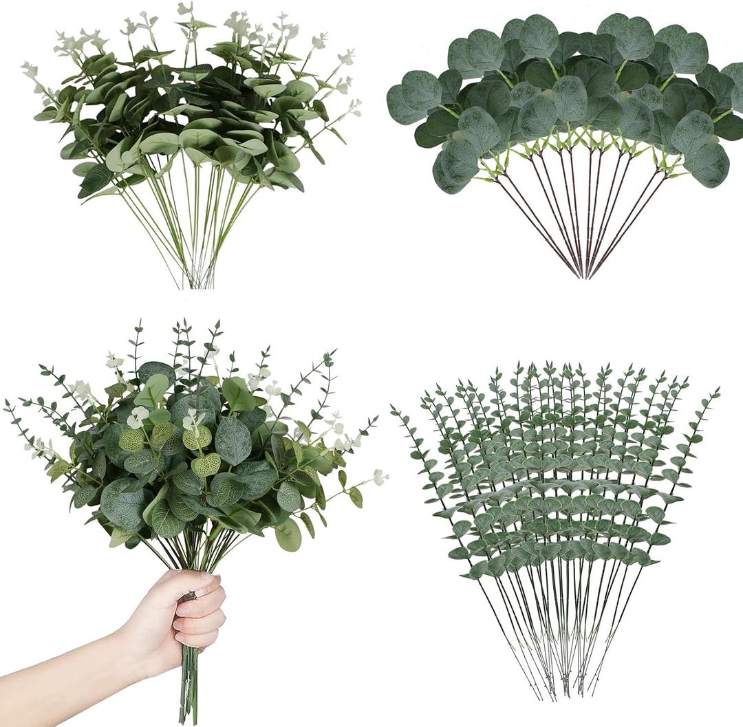 Coreland 120 Pcs 3 Kinds Mixed Artificial Eucalyptus Leaves Stems Fake Silver Dollar Eucalyptus Leaves Stem Bulk Faux Leaf for DIY Bouquets Floral Arrangement Wedding Home Decor