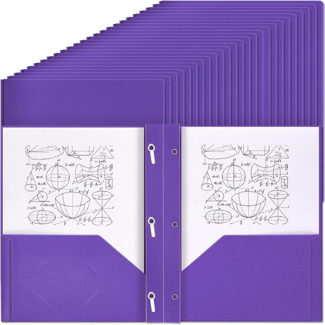 Yeaqee 150 Pack Plastic Folders with Prongs Heavy Duty Plastic 2 Pocket Folder with 3 Prongs, Business Card Slot for Back to School Office Home 11.6 x 9.5 Inch (Purple)