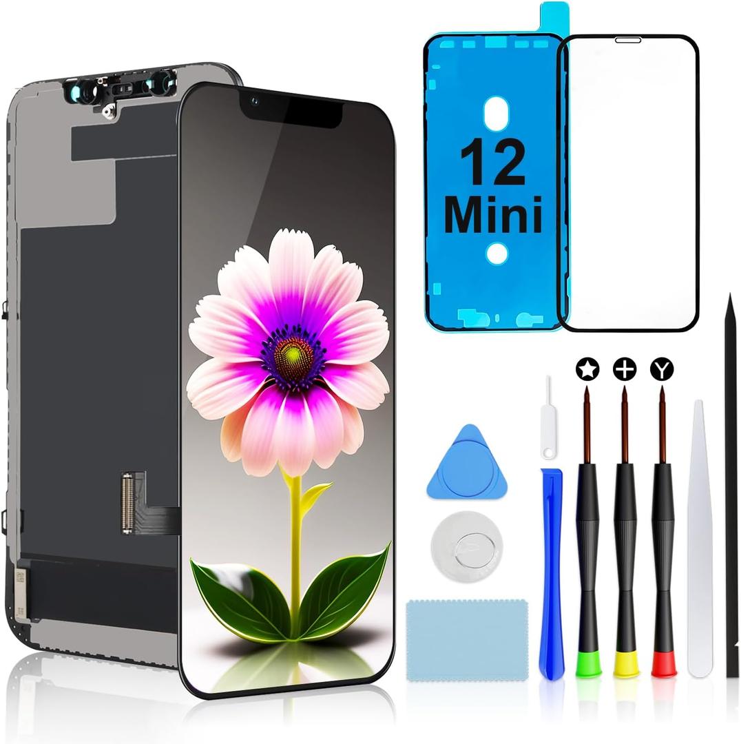 Brinonac for iPhone 12 Mini Screen Replacement Kit - 5.4 inch Full HD LCD Display, Touch Digitizer Assembly Set with Repair Tools and Tempered Glass Protector
