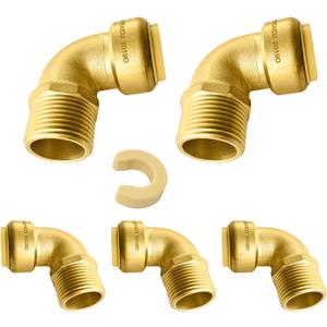 (Pack of 5) Niikappu 3/4 Inch x 3/4 Inch MNPT male Threaded Elbow Fitting, Push to Connect Brass Plumbing Fitting, PEX, CPVC, PE-RT Pipes with Disconnect Clip