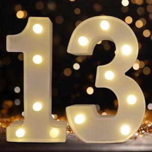 DyingSwan Led Light Up Numbers, 13th Birthday Decorations, Marquee Numbers Lights, Battery Powered Light Up Sign for Sweet 13 Decor Party (White)