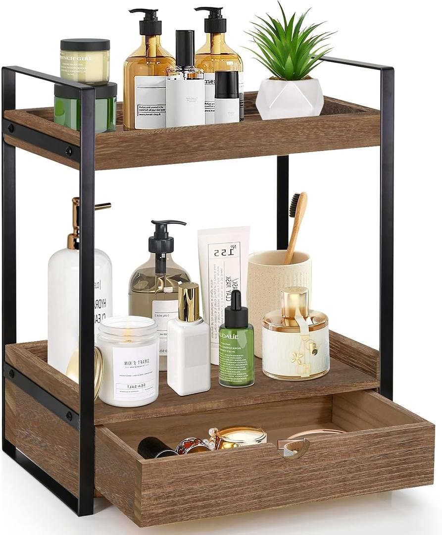2-Tier Bathroom Organizer Countertop with Drawer, Wood Counter Shelf for Storage, Vanity Tray for Organization and Decor, Countertop Organizer for Bathroom, Kitchen, Office (Dark Brown)