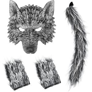 Wolf Mask with Tail and Gloves, Wolf Costume and Werewolf Mask for Mens Women Kids Halloween Party Dress Up, Cosplay (Grey)
