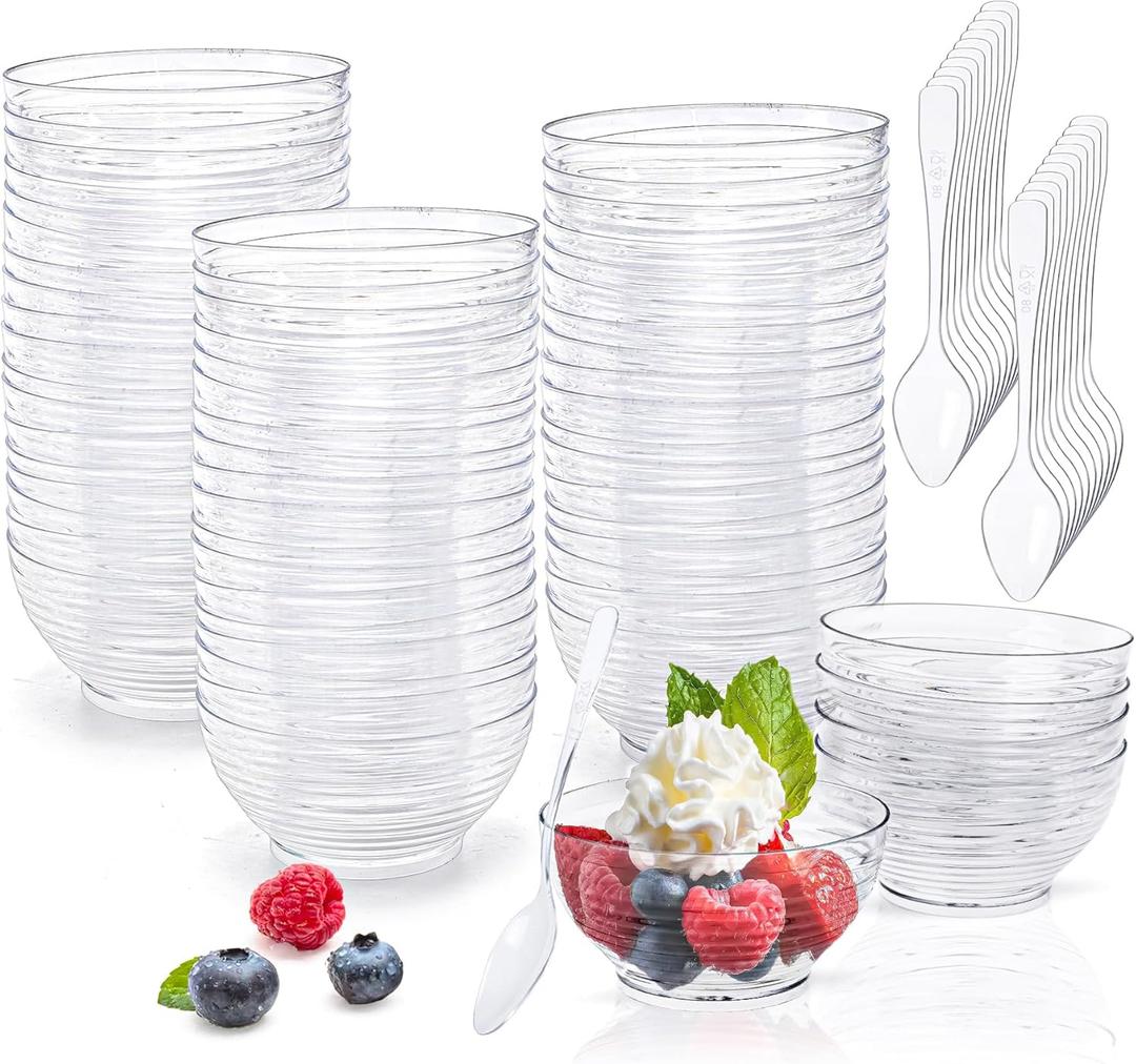 Kingrol 100 Mini Dessert Bowls with Spoons, 3 oz Disposable Dessert Cup for Mousse, Puddings, Appetizers, Condiments, Snacks