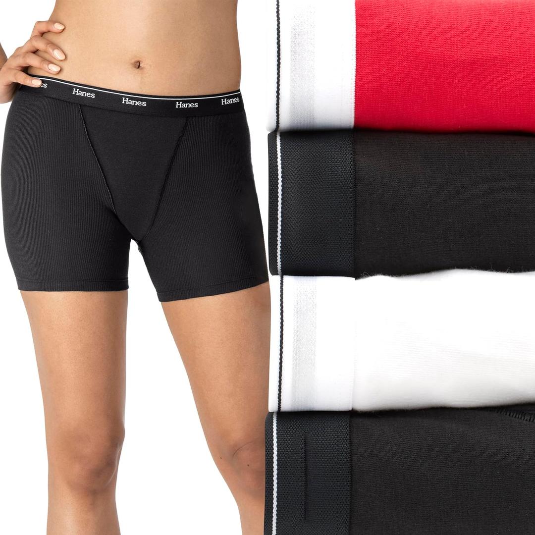 Hanes Originals Womens Mid-Thigh Boxer Brief Pack, Stretch Cotton Underwear, 4-Pack (L)