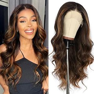 Brown Lace Front Wig Synthetic Lace Front Wigs for Women Highlight Brown Glueless Pre-styled Long Wavy Hair Natural Looking for Daily Use 30Inc