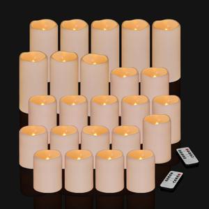 Flameless Candles 4" 5" 6" Set of 24 Ivory Outdoor Indoor Pillars 3" Diameter Battery Operated Flickering Candles Include 10-Key Remote Timer Function 400+ Hours Requires 2 AA Batteries (24 Pack)
