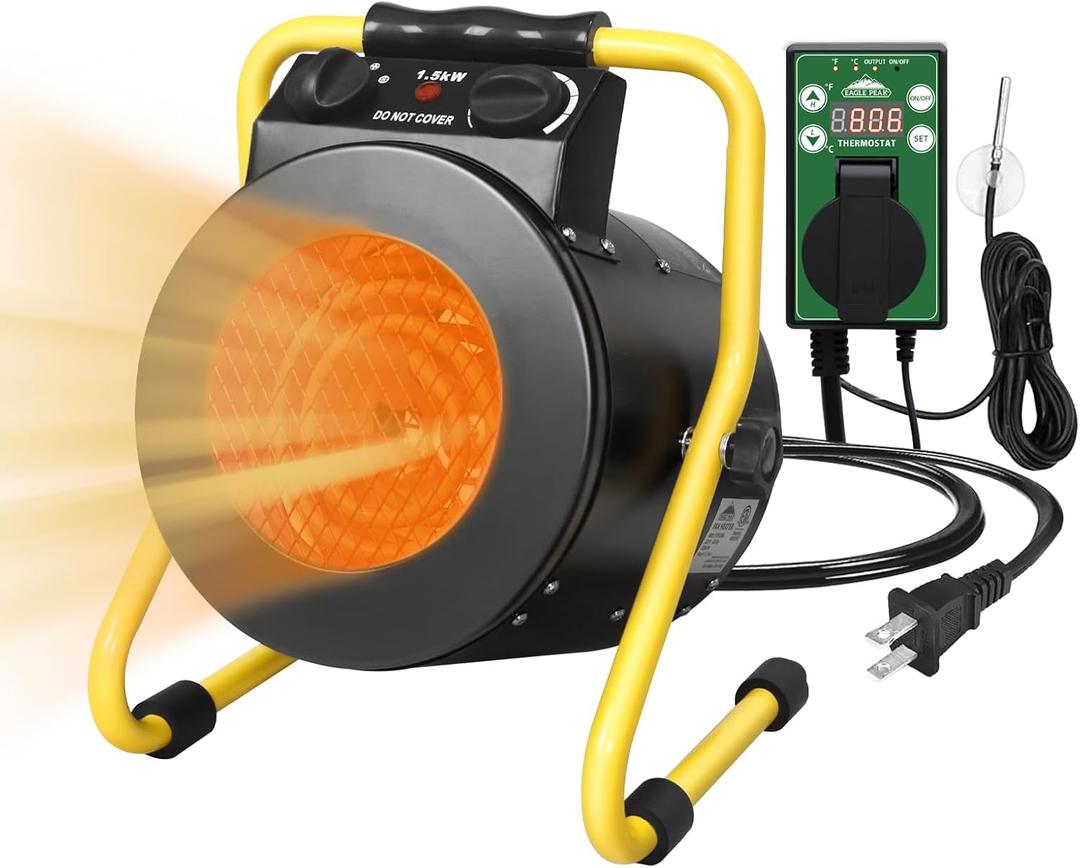 EAGLE PEAK 1500W Greenhouse Heater with Thermostat, Suitable for Greenhouse, Grow Tent, Garage, Cellar and RV Use, Water Resistant IPX 4 Rated, Overheat Protection, Radiant Heating, Black (1Pack)