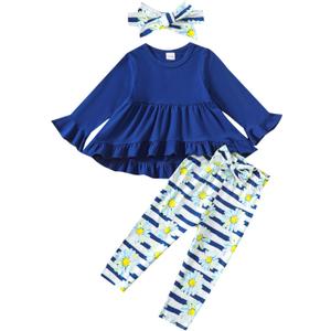 Kucnuzki Baby Girl Clothes Toddler Girl Outfit Ruffle Sleeve Shirt Floral Pant Set Fall Winter Clothing for Girl (Blue)