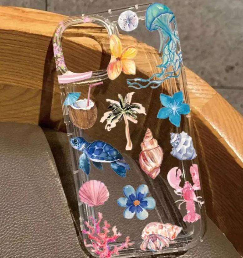 for iPhone 16 Pro Case,Tropical Beach Collage Pattern with Shells, Vintage Slim TPU Compatible with MagSafe, Military-Grade Drop Protection & Camera Protection for Women Girls 