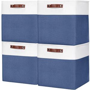 13x13 Cube Storage Bins, Collapsible Fabric Storage Box, 4 Pack Closet Baskets with Handles for Organizing, Shelf, Toys, Clothes, Home, Office, Nursery (NavyBlue&White)
