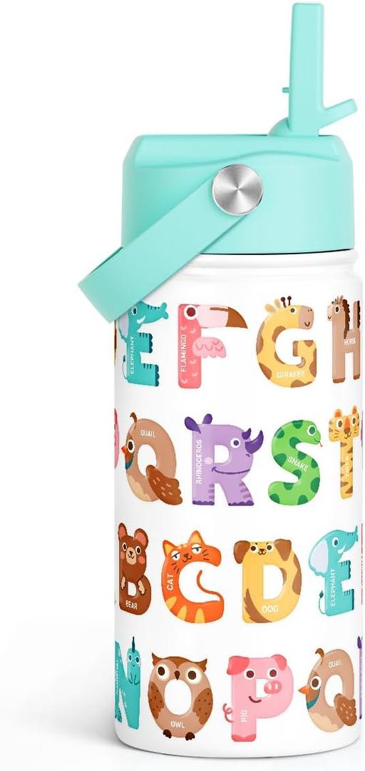 SANDJEST Alphabet Kids Water Bottle with Straw Lid 12oz Insulated Stainless Steel, Travel Tumbler, Animal Gifts for Boys Girls, Birthday, Christmas, Back to School