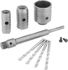 QWORK Concrete Hole Saw Kit, 7 Pcs Cement Stone Drill Bit Sets, Shank with (30mm 40mm 60mm) Cutting Diameter, 8 11/16" Connecting Rod, 3 Center Drill Bits, for Brick Stone Wall Drilling