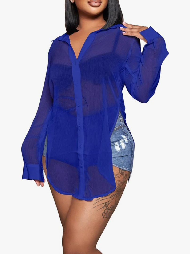 EDITCOZY Women's Sheer Cover Ups Button Up Blouse Sexy Long Sleeve Slit Hem Mesh See Through Shirts Tops, XL