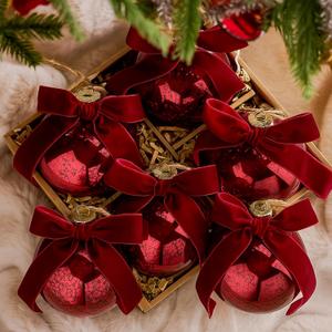 5 Pcs 4 Inch Large Vintage Mercury Glass Christmas Ornaments with Velvet Bow Christmas Hanging Glass Ball Ornaments Red Mercury Decor for Xmas Tree Vintage Holiday Decoration