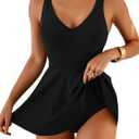 Aidonger Women's One Piece Swimdress Swimsuit Tummy Control Slimming Bathing Suit with Skirt V Neck Swim Dress Swimwear (XX-Large, Black)