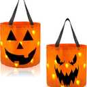 JOYIN 2 PCS Halloween Trick or Treat Bags 10 x 11.8 inches LED Light Orange Pumpkin Buckets Reusable Goody Candy Bucket for Kids Trick or Treating, Halloween Birthday Party Favor Supplies
