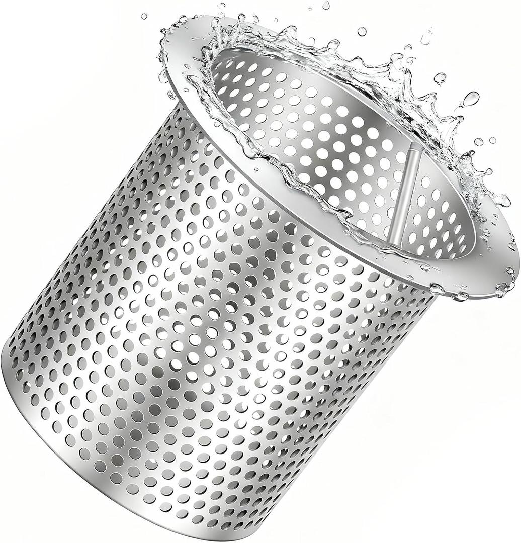 1 Pcs 4" Diameter Commercial Floor Drain Strainer 4" Tall Perforated Cylindrical Mesh 316 Stainless Steel Drain Basket with Carry Handle Heavy-Duty, for Restaurants, Kitchens, Factories