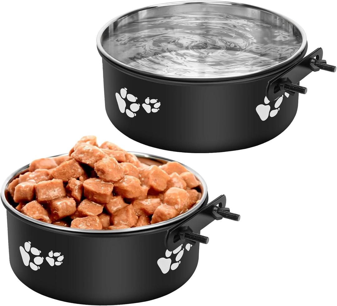 Kennel Water Bowls No Spill, 2pack Stainless Steel Dog Food & Water Bowls for Kennel Cage Crate, Hanging Pet Bowls for Small and Large Dogs, Cats...(7.1 * 2.8& 6.3 * 2.6) (black)