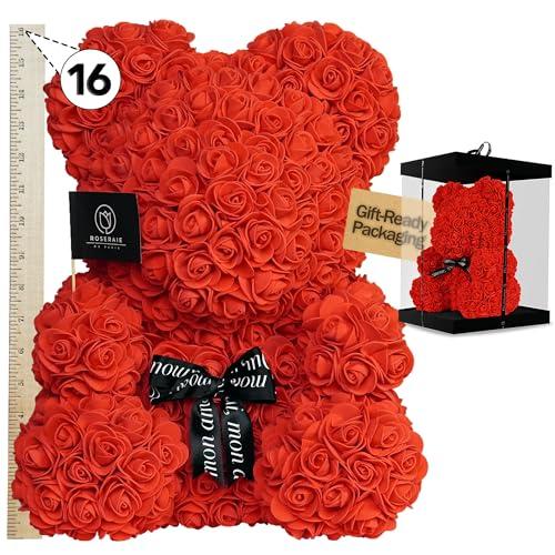 ROSERAIE DE PARIS Large 16 Inch Rose Bear Flower Bear Gift Set with Luxury Gift Box, Handmade Artificial Rose Teddy Bear, Valentine Gift for Her, Anniversary, Birthday