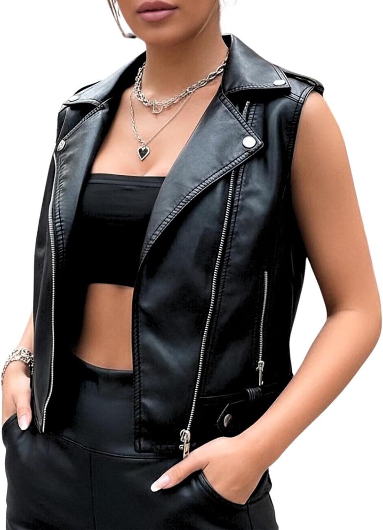 Women's Faux Leather Motorcycle Vest Black Sleeveless Biker Jacket with Zipper Pockets Casual Street Style Outerwear