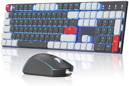 MageGee Wired Mechanical Keyboard and Mouse Combo, Low Profile Red Switches Office Gaming Keyboard Mouse Set, 104 Ice Blue Backlit USB-C Keyboard for Desktop/Laptop/Mac/Win