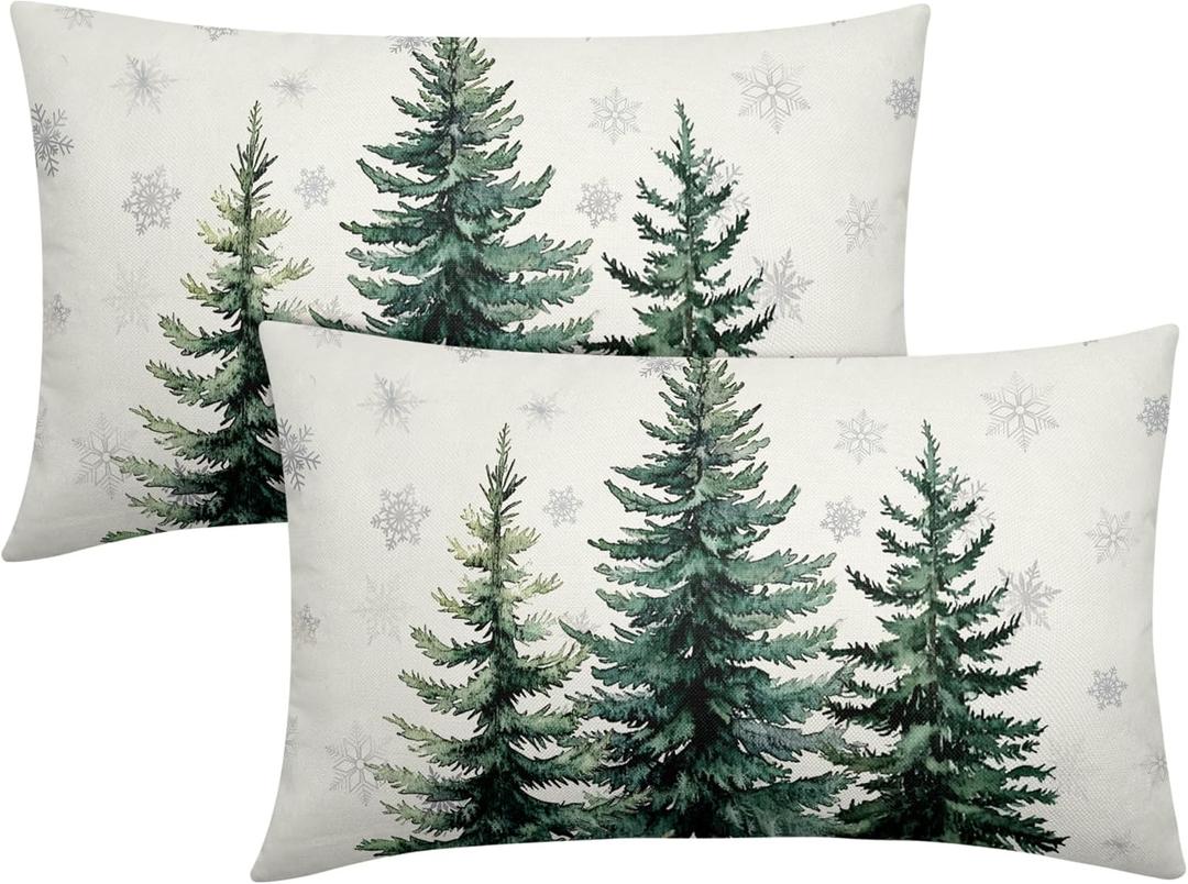 Christma Pine Trees Snowflake Pillow Covers 20x12 Inch Set of 2 Xmas Tree Cotton Linen Lumbar Decorative Rectangle Throw Pillow Case Winter Holiday Cushion Covers for Bedroom Sofa Living Room Chair