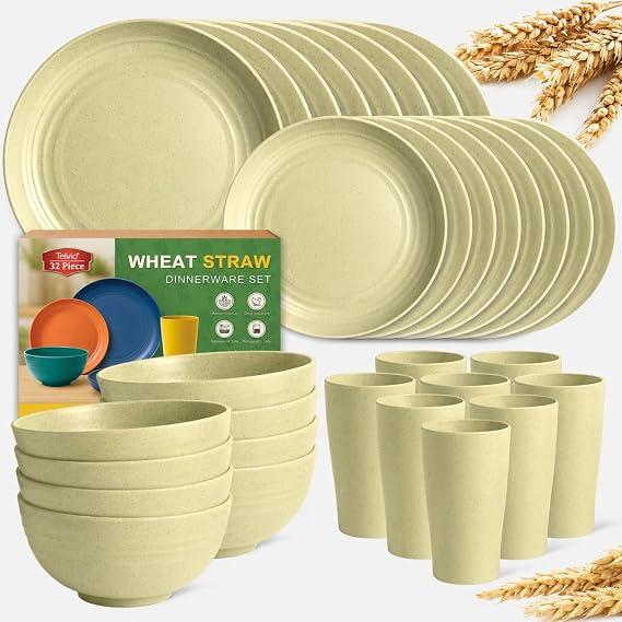 Teivio 32-Piece Kitchen Plastic Wheat Straw Dinnerware Set, Service for 8, Dinner Plates, Dessert Plate, Cereal Bowls, Cups, Unbreakable Plastic Outdoor Camping Dishes, Beige