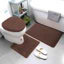 ITSOFT 3pc Non-Slip Shaggy Bathroom Mat Set, Includes 24 x 21 Inches U-Shaped Contour Toilet Rug, 34 x 21 Inches Bathmat and 1 Toilet Lid Cover, Brown