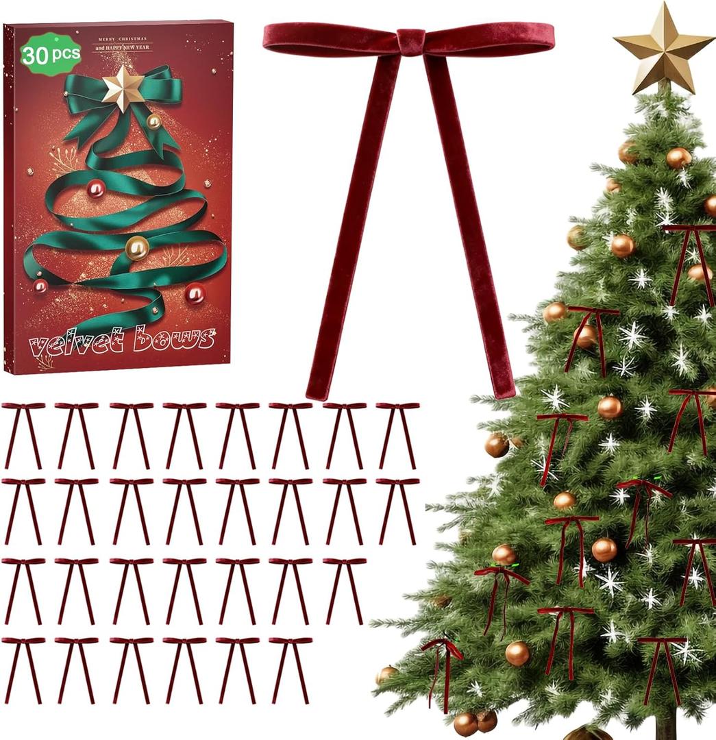 Burgundy Velvet Bows for Christmas Tree - 30Pcs Vintage Ribbon Bows for Tree Decorations, 3/8" Small Bows for Garland, Wreath, Fireplace, Door, Gift Wrapping, Holiday Decor (5 x 7 Inch)
