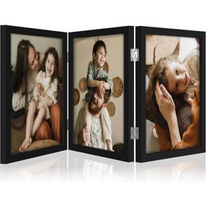 DecorUhome Triple 8X10 Picture Frame Vertical, Engineered Wood Trifold Photo Frame with Plexiglass for Tabletop Display, 8X10, Black