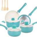 M MELENTA Pots and Pans Set Nonstick, 11pcs Kitchen Cookware Sets Induction Cookware, Ceramic Non Stick Cooking Set, Stay Cool Handle & Bamboo Kitchen Utensils, 100% PFOA Free, Turquoise