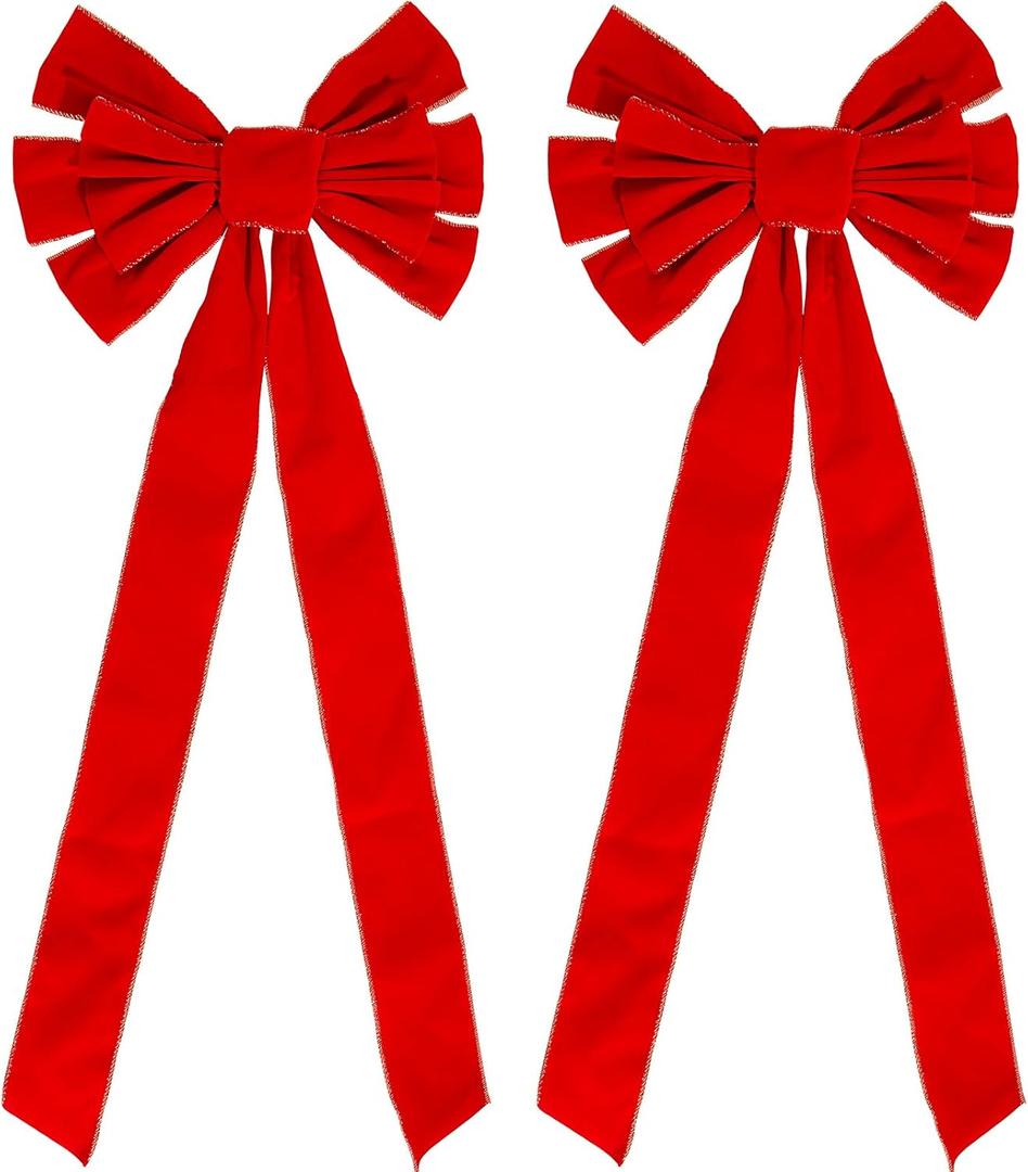 2Pcs Large Christmas Bow 30.7 x 11.8 Inch Red Velvet Wreath Bow with Glitter Gold Edge Christmas Tree Topper Ornament Bows for Xmas Home Indoor Outdoor Front Door Holiday Party Fireplace Decorations