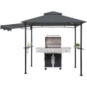 FAB BASED 5x8 Grill Gazebo with Extra Awning, All-Weather Steel Construction, Double Tiered & Resistant Canopy Roof, Metal Serving Shelves, 2 LED, Bottle Opener for Patio, Backyard, BBQ (Dark Gray)